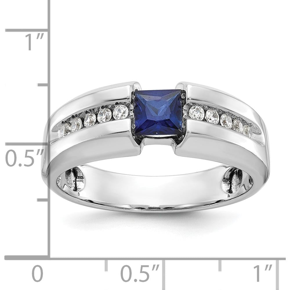 14K White Gold Men's Polished Lab Created Sapphire and Diamond Ring - 0.2 Carats Total Diamond Weight by IBGoodman