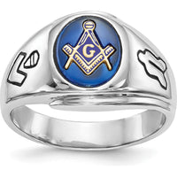 14K White Gold Men's Polished Masonic Ring with Imitation Blue Spinel - 10x8mm Oval Stone by Monteluci Fine Jewelry