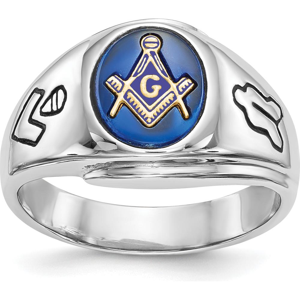 14K White Gold Men's Polished Masonic Ring with Imitation Blue Spinel - 10x8mm Oval Stone by Monteluci Fine Jewelry