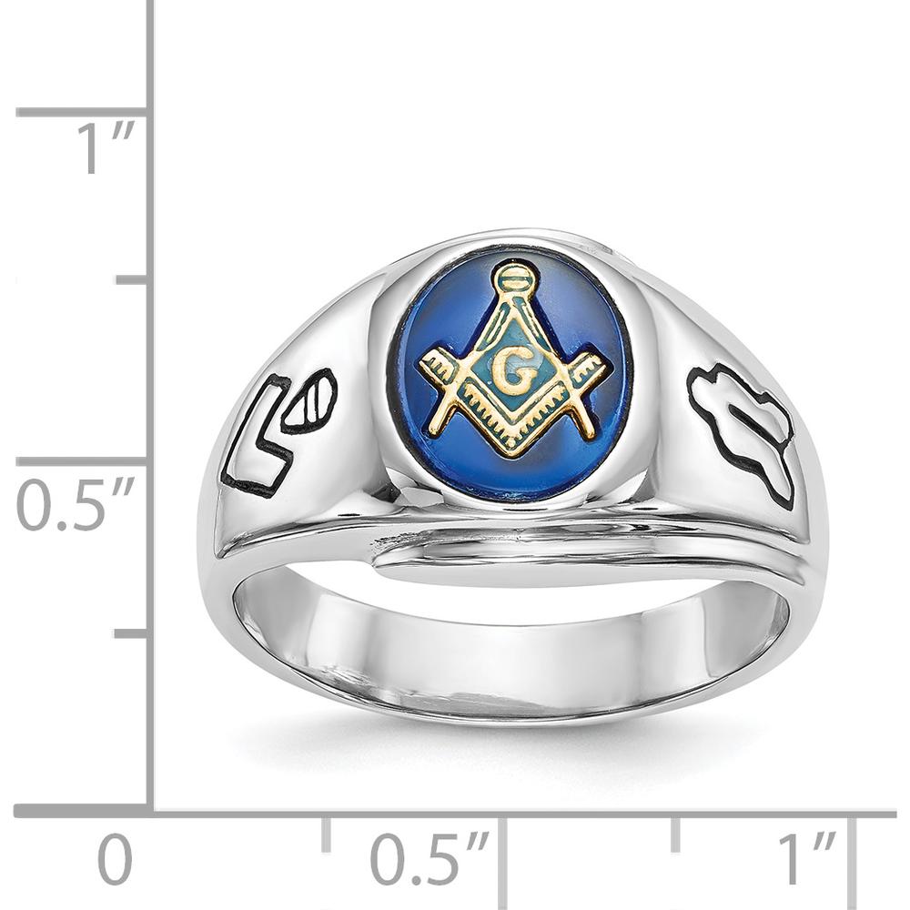 14K White Gold Men's Polished Masonic Ring with Imitation Blue Spinel - 10x8mm Oval Stone by Monteluci Fine Jewelry
