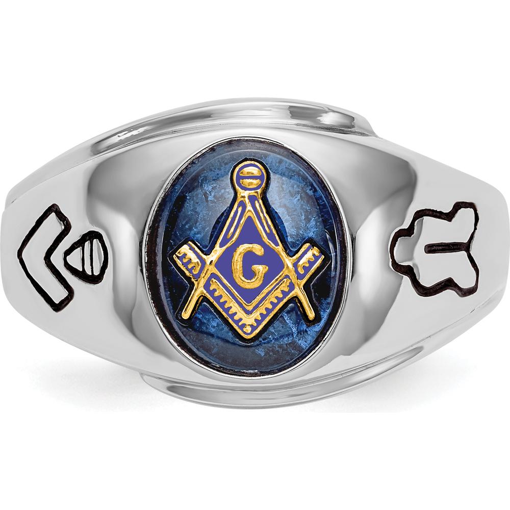 14K White Gold Men's Polished Masonic Ring with Imitation Blue Spinel - 10x8mm Oval Stone by Monteluci Fine Jewelry