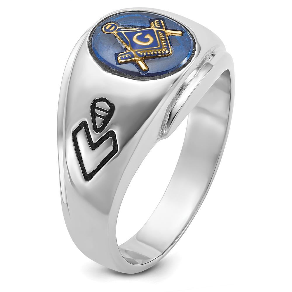 14K White Gold Men's Polished Masonic Ring with Imitation Blue Spinel - 10x8mm Oval Stone by Monteluci Fine Jewelry