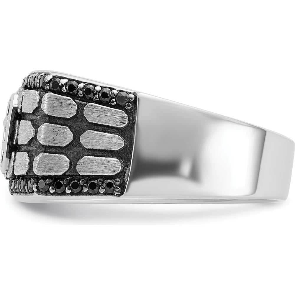 14K White Gold Men's Polished Satin and Cobblestone Textured Ring with Diamonds by IBGoodman
