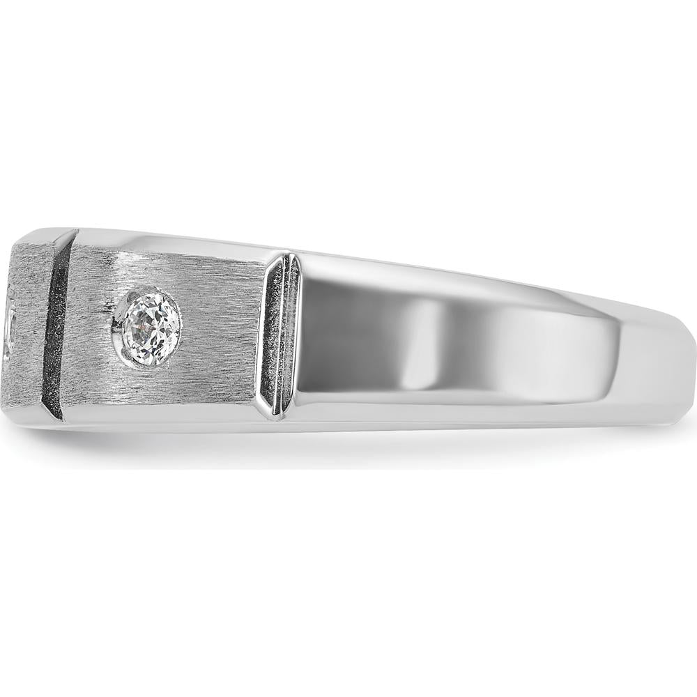 14K White Gold Men's Polished Satin and Grooved 3-Stone Diamond Ring - 1/5 Carats Total Diamond Weight by IBGoodman