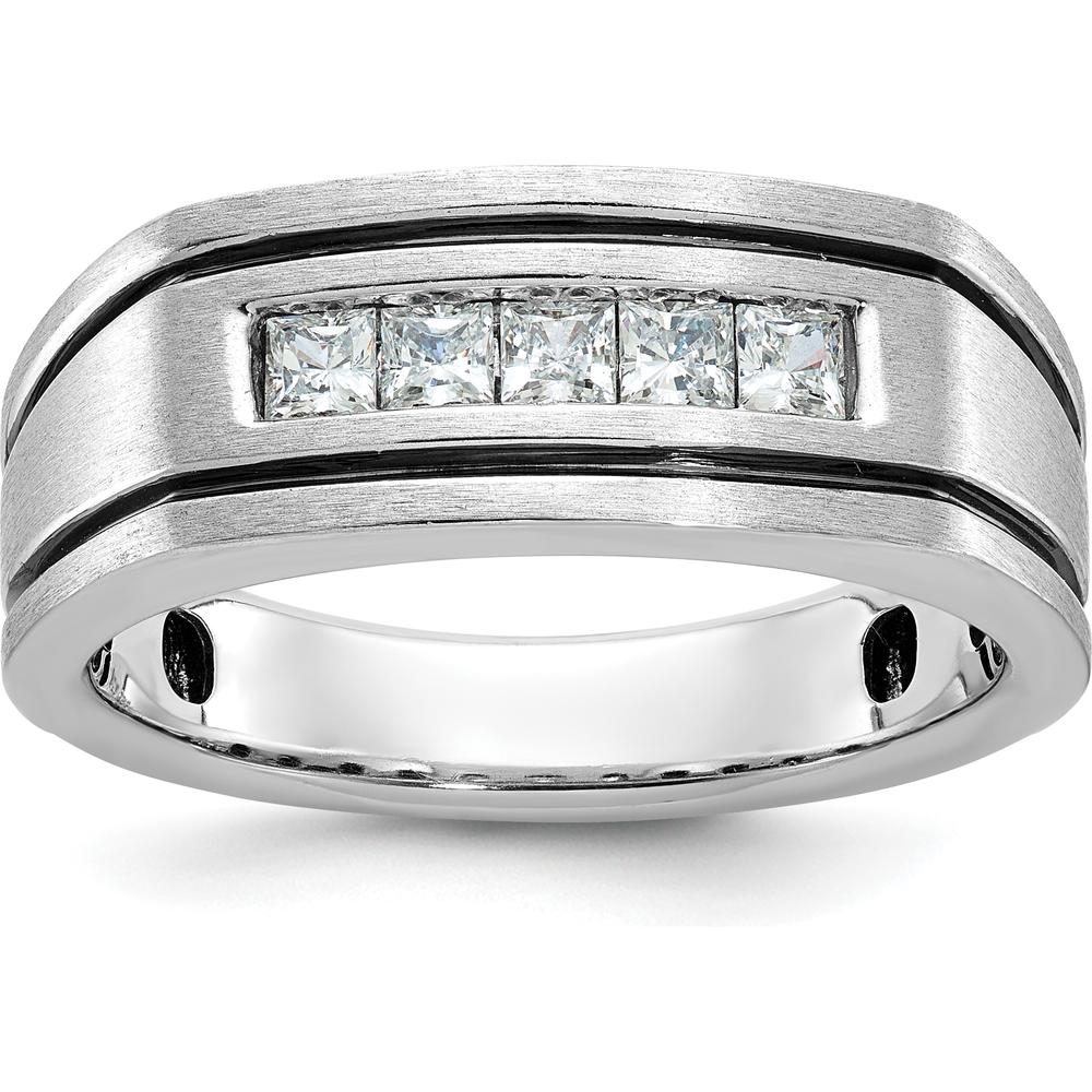 14K White Gold Men's Polished Satin and Grooved 5-Stone Diamond Ring - 0.5 Carats Total Diamond Weight by IBGoodman