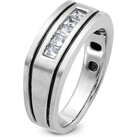 14K White Gold Men's Polished Satin and Grooved Square 5-Stone Ring with Diamond Setting by IBGoodman