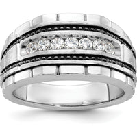14K White Gold Men's Polished Satin and Textured 7-Stone Diamond Ring with Milgrain Detail - 0.84 Carats Total Diamond Weight by IBGoodman