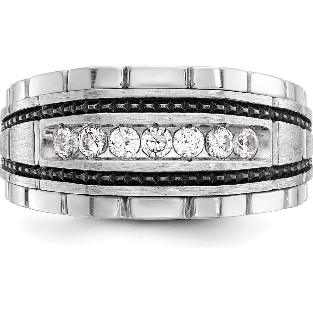 14K White Gold Men's Polished Satin and Textured 7-Stone Diamond Ring with Milgrain Detail - 0.84 Carats Total Diamond Weight by IBGoodman
