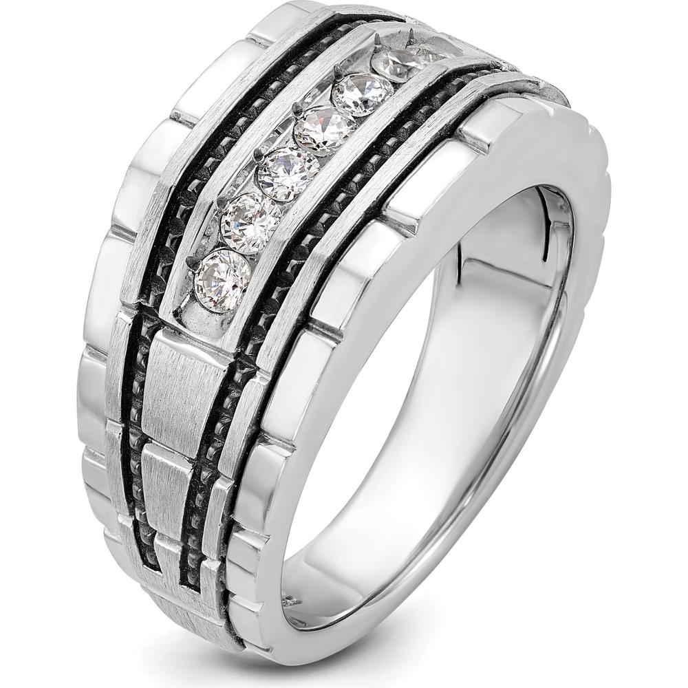 14K White Gold Men's Polished Satin and Textured 7-Stone Diamond Ring with Milgrain Detail - 0.84 Carats Total Diamond Weight by IBGoodman