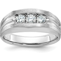 14K White Gold Men's Polished Satin Grooved 3-Stone Diamond Ring - 0.50 Carats Total Diamond Weight by IBGoodman