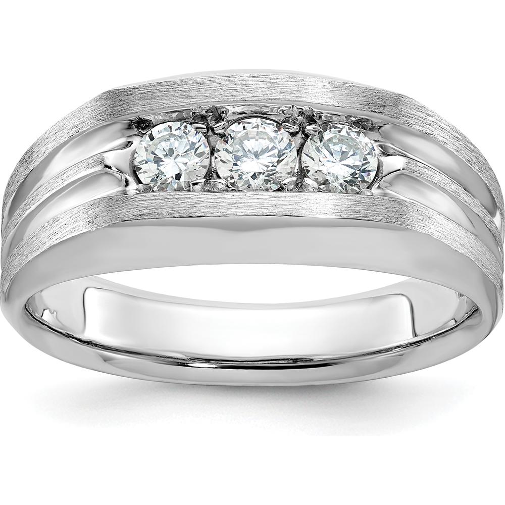 14K White Gold Men's Polished Satin Grooved 3-Stone Diamond Ring - 0.50 Carats Total Diamond Weight by IBGoodman