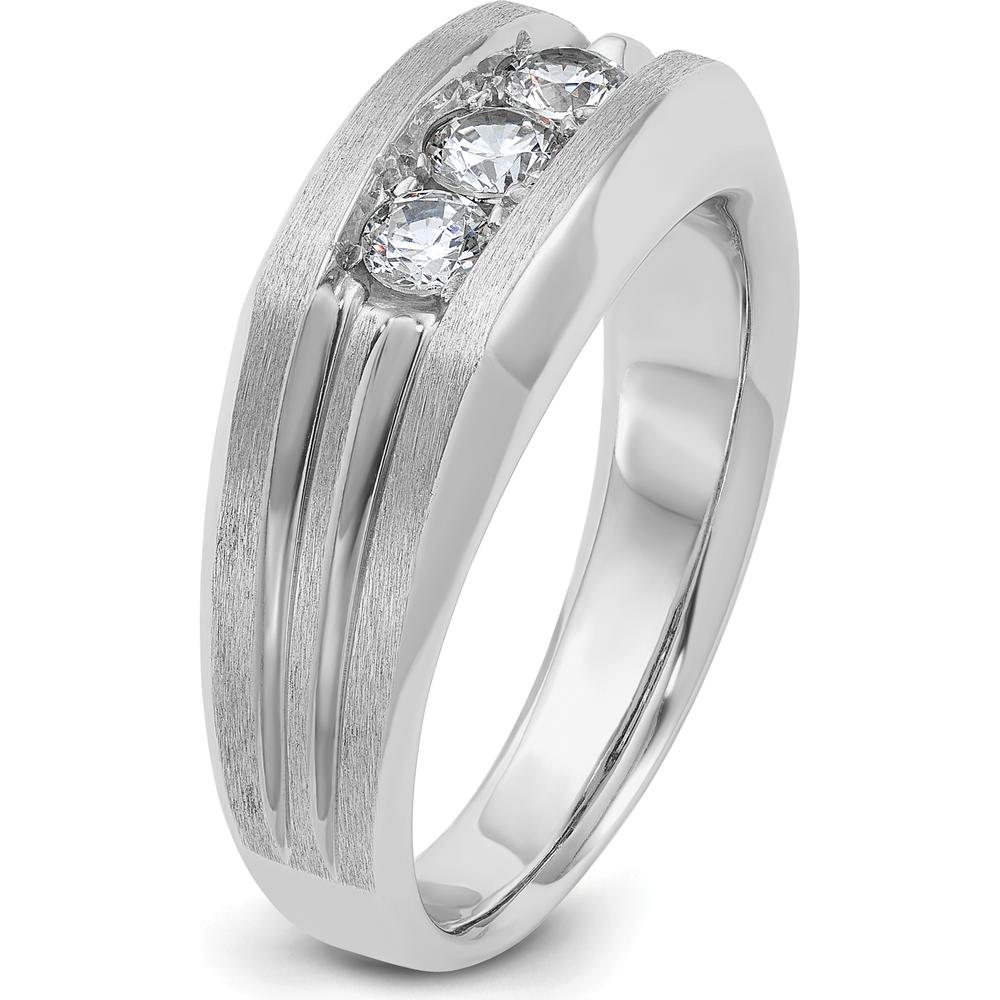 14K White Gold Men's Polished Satin Grooved 3-Stone Diamond Ring - 0.50 Carats Total Diamond Weight by IBGoodman