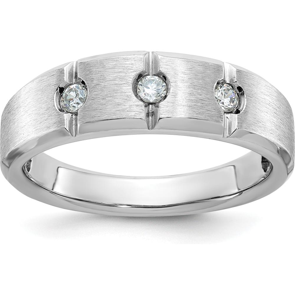 14K White Gold Men's Polished Satin Grooved 3-Stone Diamond Ring - 1/5 Carat Total Diamond Weight by IBGoodman