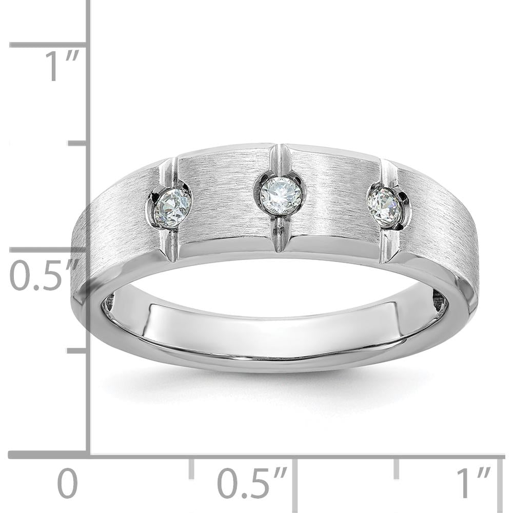 14K White Gold Men's Polished Satin Grooved 3-Stone Diamond Ring - 1/5 Carat Total Diamond Weight by IBGoodman