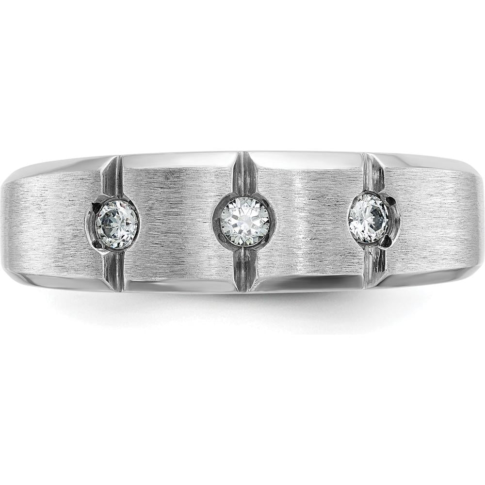 14K White Gold Men's Polished Satin Grooved 3-Stone Diamond Ring - 1/5 Carat Total Diamond Weight by IBGoodman