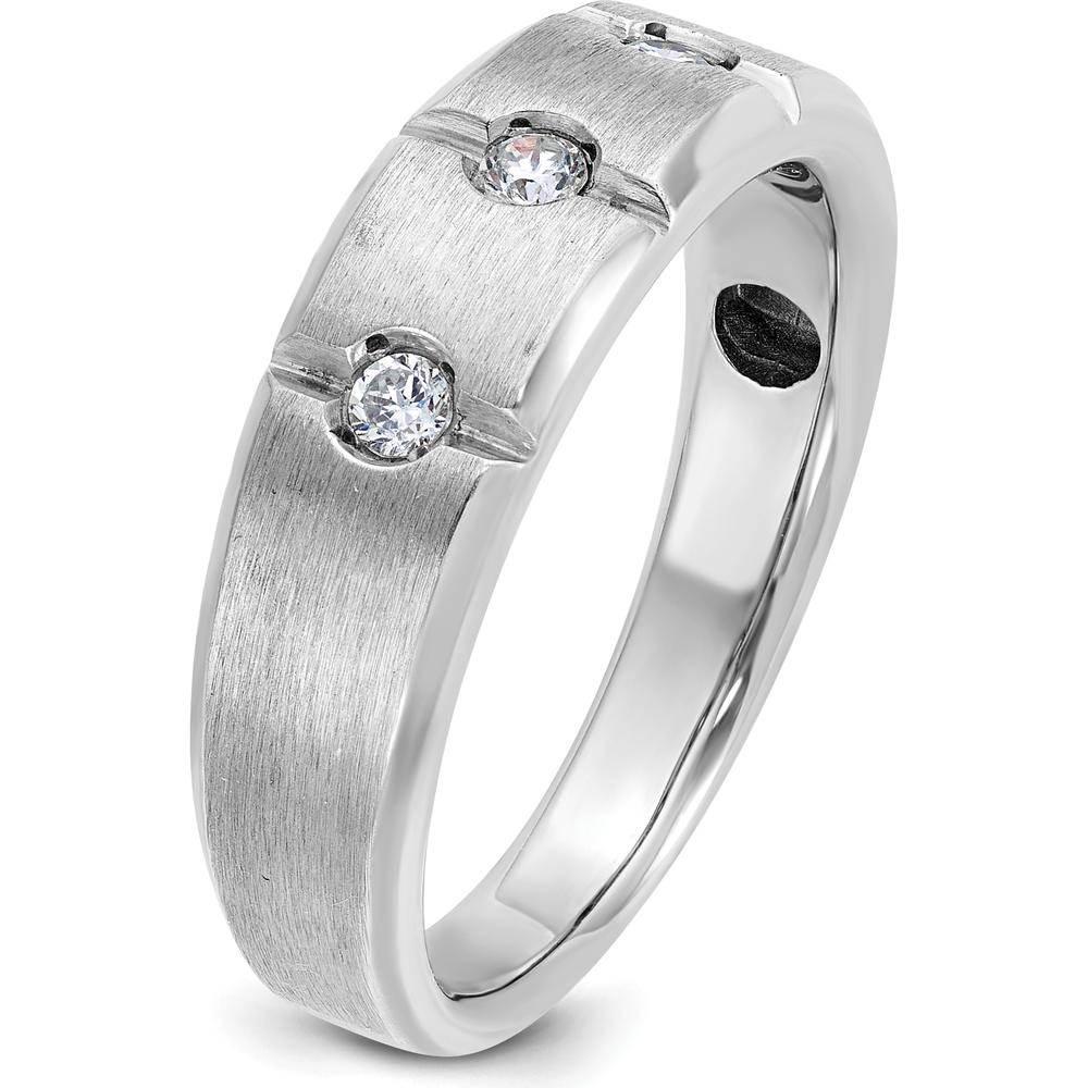 14K White Gold Men's Polished Satin Grooved 3-Stone Diamond Ring - 1/5 Carat Total Diamond Weight by IBGoodman