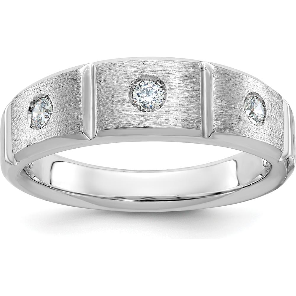 14K White Gold Men's Polished Satin Grooved 3-Stone Diamond Ring Mounting by IBGoodman