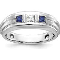 14K White Gold Men's Polished Satin Grooved 3-Stone Ring with Sapphire and Diamond - 0.16 Carats Diamond Weight by IBGoodman