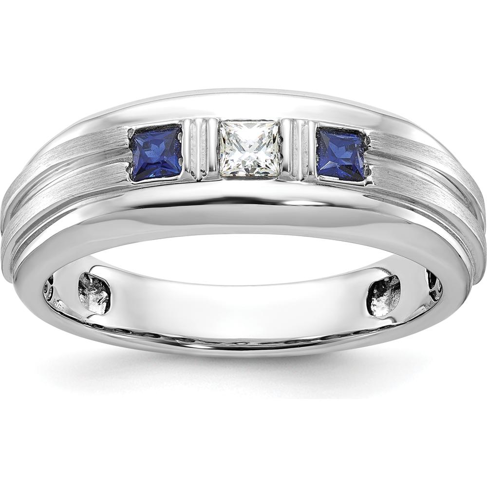 14K White Gold Men's Polished Satin Grooved 3-Stone Ring with Sapphire and Diamond - 0.16 Carats Diamond Weight by IBGoodman