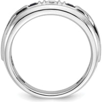 14K White Gold Men's Polished Satin Grooved 3-Stone Ring with Sapphire and Diamond - 0.16 Carats Diamond Weight by IBGoodman