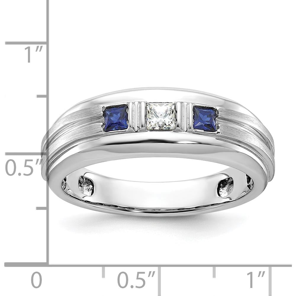 14K White Gold Men's Polished Satin Grooved 3-Stone Ring with Sapphire and Diamond - 0.16 Carats Diamond Weight by IBGoodman