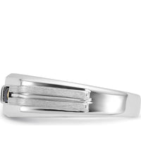 14K White Gold Men's Polished Satin Grooved 3-Stone Ring with Sapphire and Diamond - 0.16 Carats Diamond Weight by IBGoodman