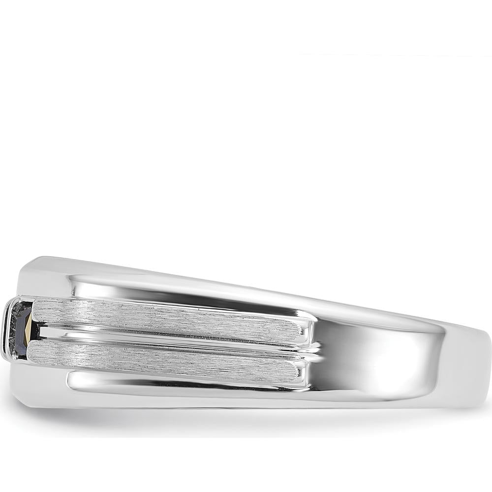 14K White Gold Men's Polished Satin Grooved 3-Stone Ring with Sapphire and Diamond - 0.16 Carats Diamond Weight by IBGoodman