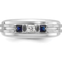 14K White Gold Men's Polished Satin Grooved 3-Stone Ring with Sapphire and Diamond - 0.16 Carats Diamond Weight by IBGoodman
