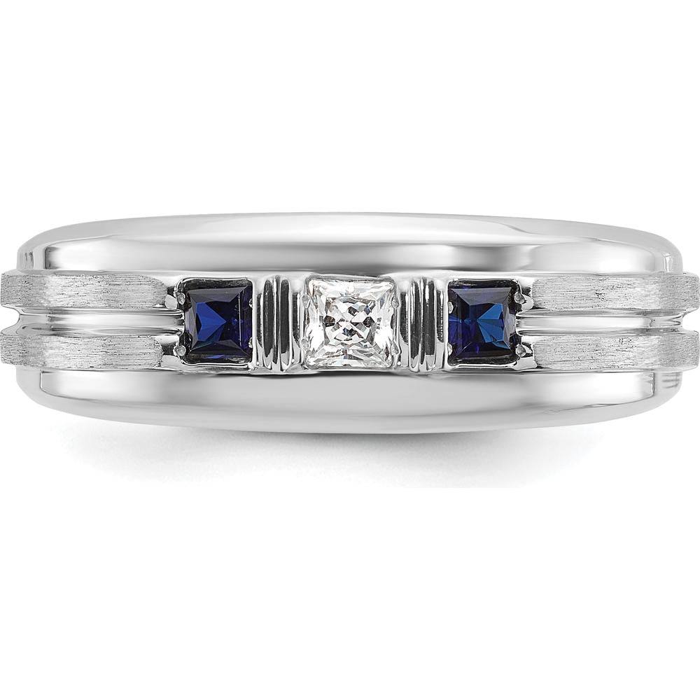 14K White Gold Men's Polished Satin Grooved 3-Stone Ring with Sapphire and Diamond - 0.16 Carats Diamond Weight by IBGoodman