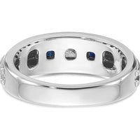 14K White Gold Men's Polished Satin Grooved 3-Stone Ring with Sapphire and Diamond - 0.16 Carats Diamond Weight by IBGoodman