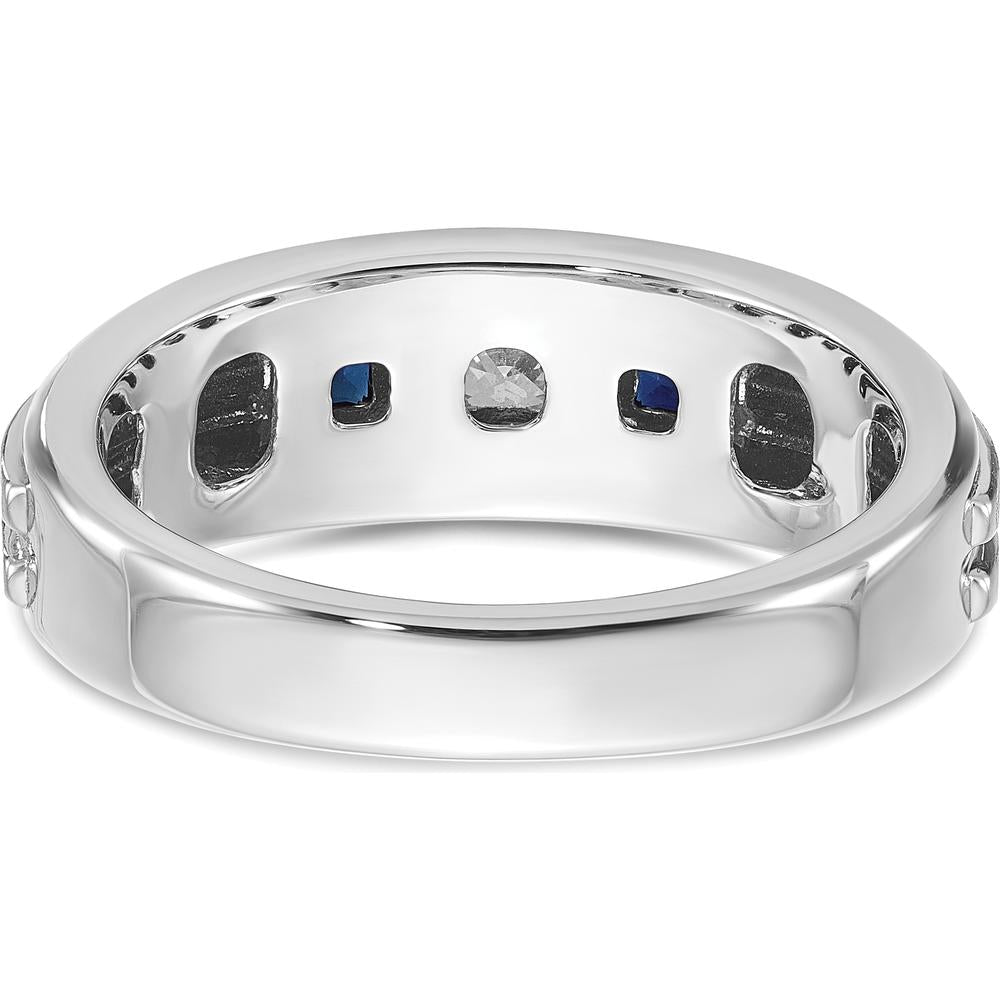 14K White Gold Men's Polished Satin Grooved 3-Stone Ring with Sapphire and Diamond - 0.16 Carats Diamond Weight by IBGoodman