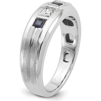 14K White Gold Men's Polished Satin Grooved 3-Stone Ring with Sapphire and Diamond - 0.16 Carats Diamond Weight by IBGoodman