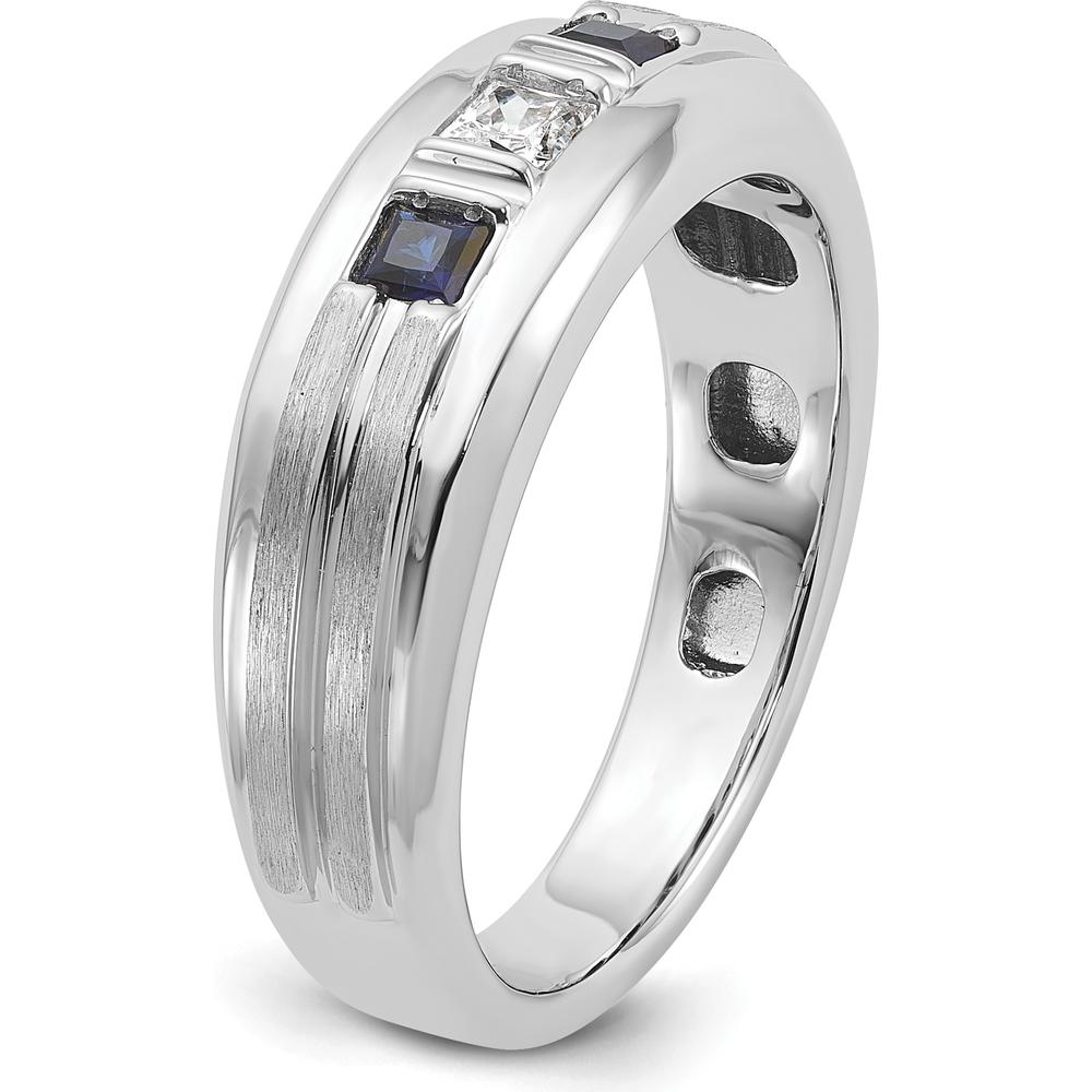 14K White Gold Men's Polished Satin Grooved 3-Stone Ring with Sapphire and Diamond - 0.16 Carats Diamond Weight by IBGoodman