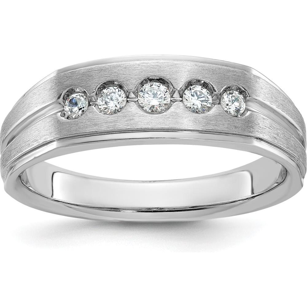 14K White Gold Men's Polished Satin Grooved 5-Stone Diamond Ring - 0.25 Carats Total Diamond Weight by IBGoodman