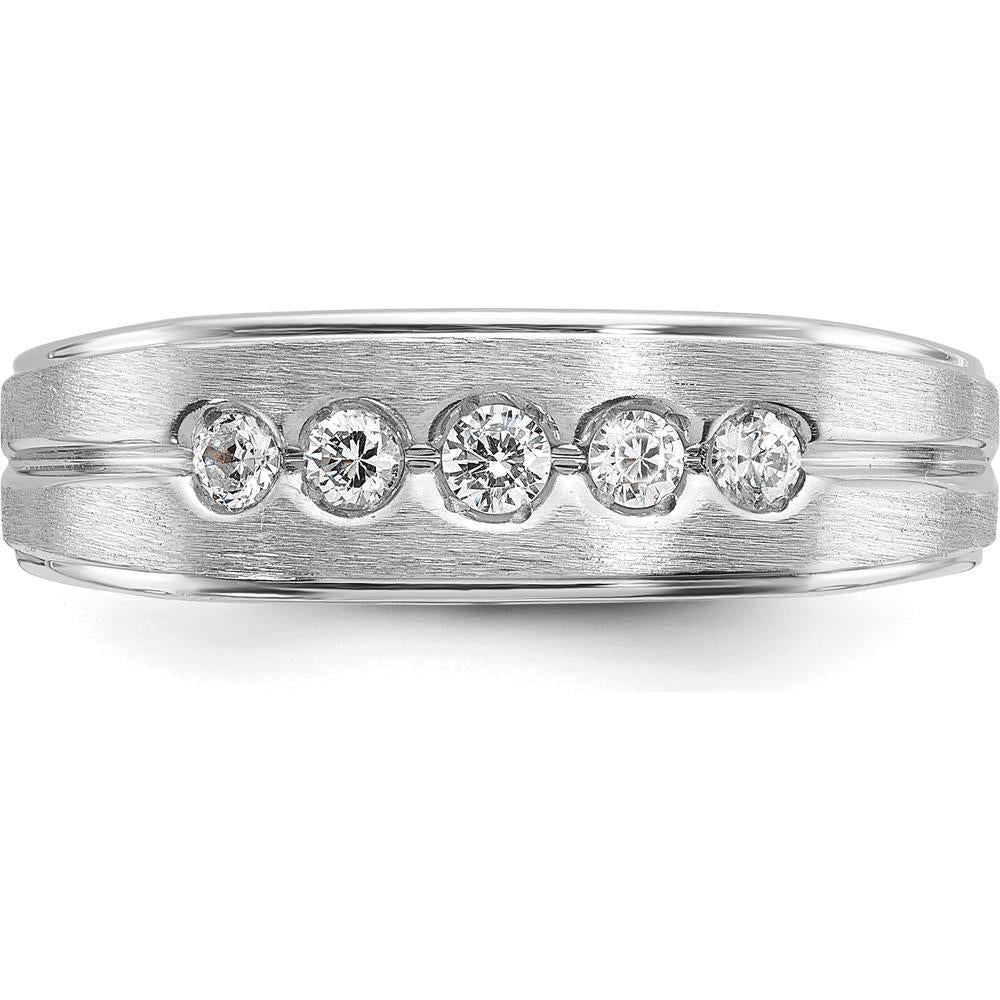 14K White Gold Men's Polished Satin Grooved 5-Stone Diamond Ring - 0.25 Carats Total Diamond Weight by IBGoodman