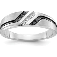 14K White Gold Men's Polished Satin Grooved Band with 1/8 Carat Black and White Diamonds by IBGoodman