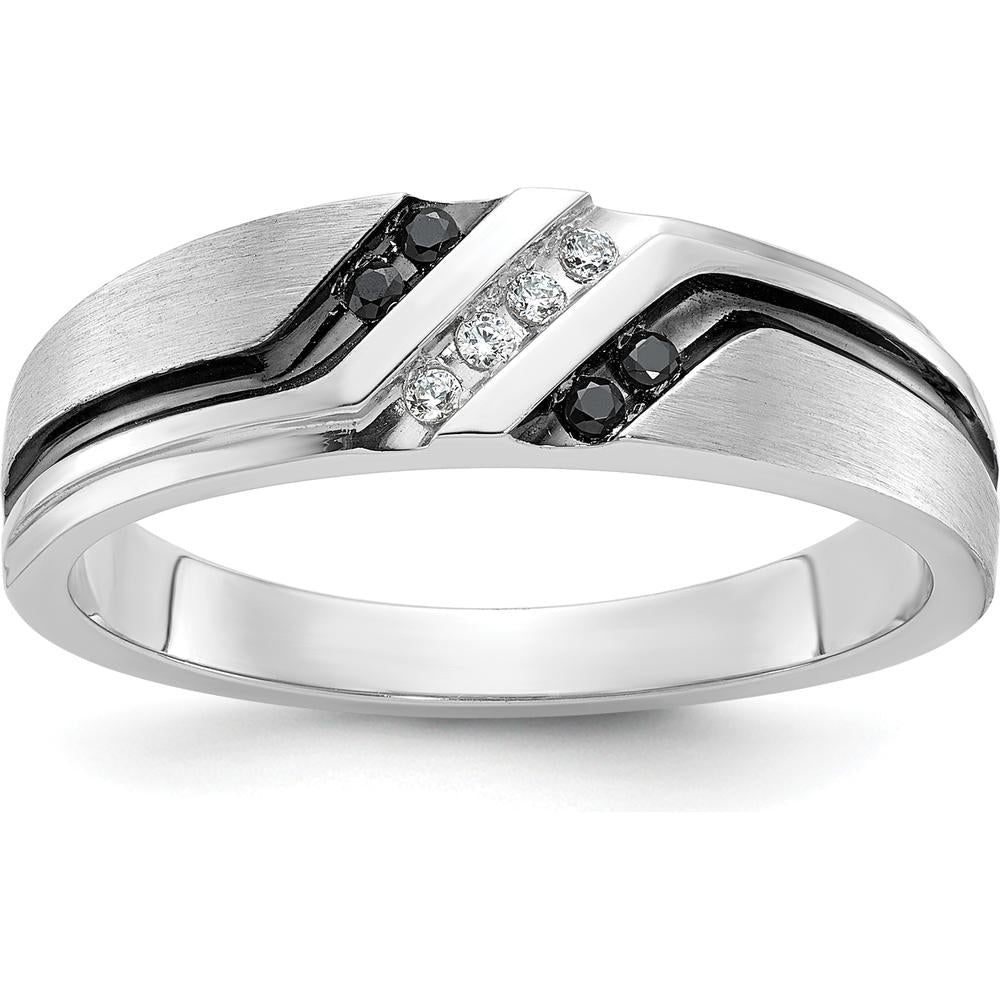 14K White Gold Men's Polished Satin Grooved Band with 1/8 Carat Black and White Diamonds by IBGoodman