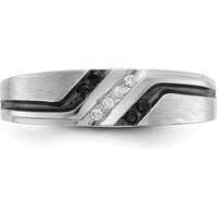 14K White Gold Men's Polished Satin Grooved Band with 1/8 Carat Black and White Diamonds by IBGoodman