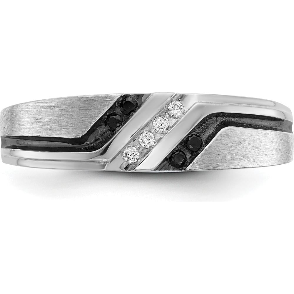 14K White Gold Men's Polished Satin Grooved Band with 1/8 Carat Black and White Diamonds by IBGoodman