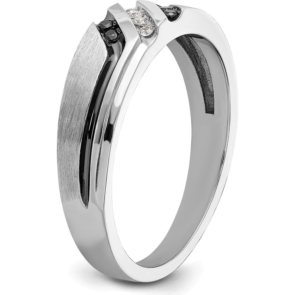 14K White Gold Men's Polished Satin Grooved Band with 1/8 Carat Black and White Diamonds by IBGoodman