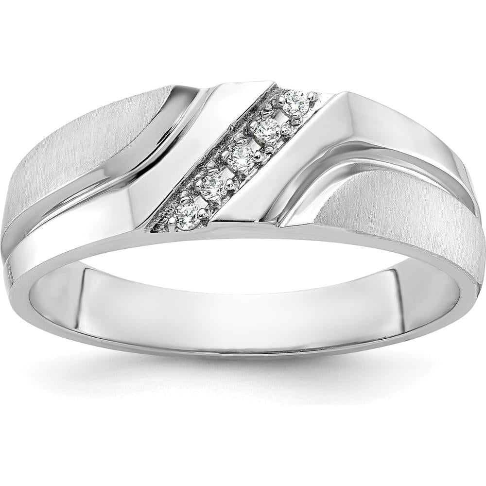 14K White Gold Men's Polished Satin Grooved Band with 5 Round Diamonds - 0.012 Carats Total Diamond Weight by IBGoodman
