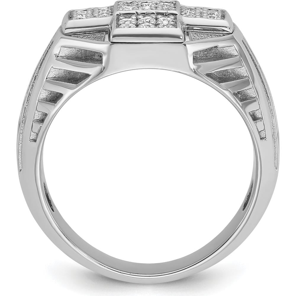 14K White Gold Men's Polished Textured Cross Cluster Ring with Rhodium-Plated Diamond Accent by IBGoodman