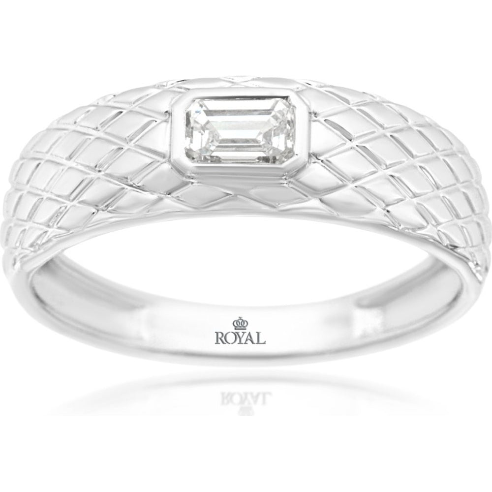 14K White Gold Men's Quilted Texture Band with Bezel-Set Emerald Cut Lab-Grown Diamond - 0.50 Carat Total Diamond Weight - Royal Jewelry