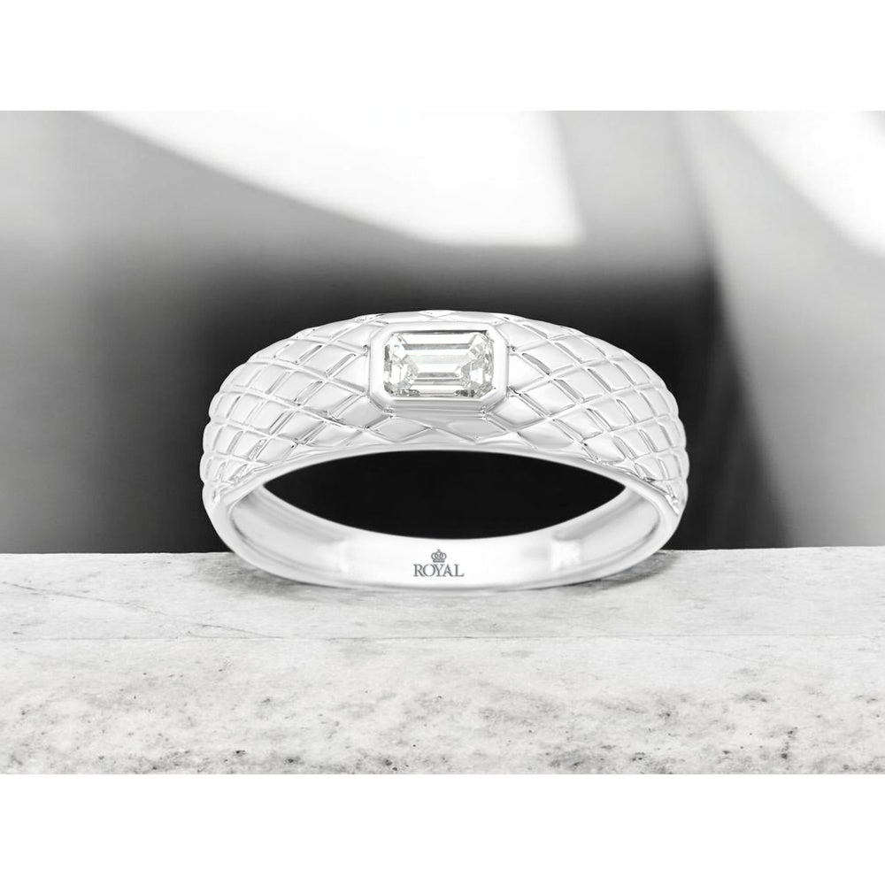 14K White Gold Men's Quilted Texture Band with Bezel-Set Emerald Cut Lab-Grown Diamond - 0.50 Carat Total Diamond Weight - Royal Jewelry