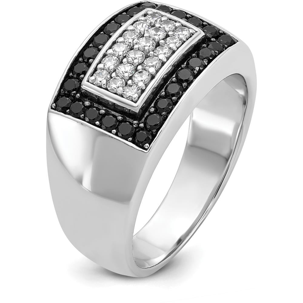14K White Gold Men's Rectangular Cluster Ring with Black and White Diamonds by IBGoodman