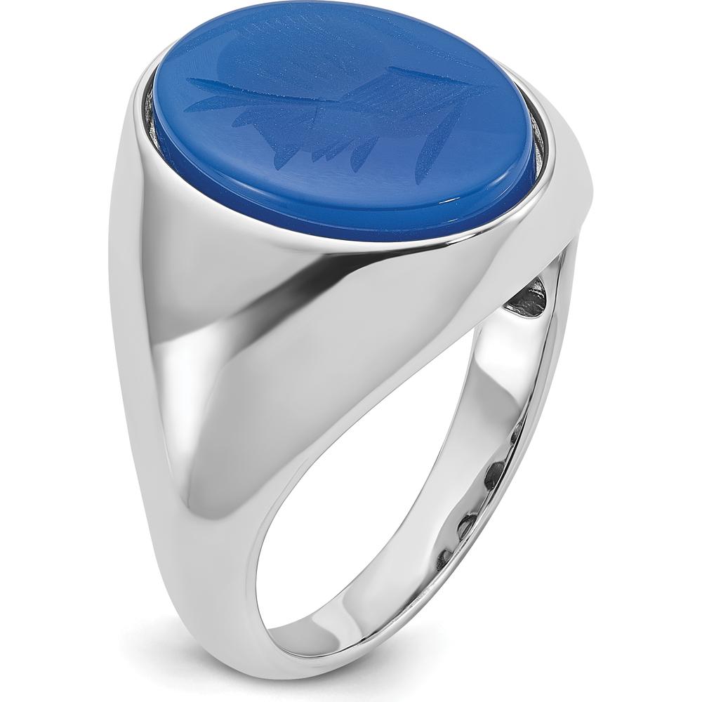 14K White Gold Men's Ring with Bezel-Set Blue Sapphire Gemstone by IBGoodman