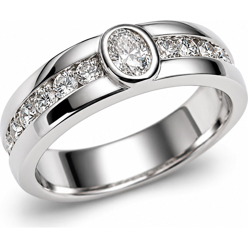 14K White Gold Men's Ring with Bezel-Set Oval Diamond and Channel-Set Round Diamonds - 1.01 Carat Total Diamond Weight by Auriventus