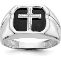 14K White Gold Men's Ring with Black Onyx Center and Diamond Cross Accent - 0.004 Carat Total Diamond Weight by Monteluci Fine Jewelry