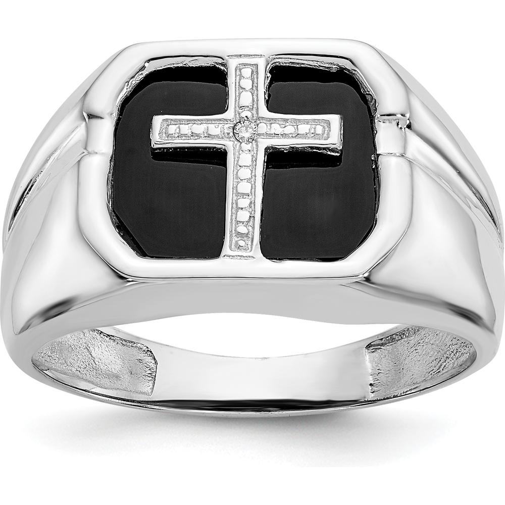 14K White Gold Men's Ring with Black Onyx Center and Diamond Cross Accent - 0.004 Carat Total Diamond Weight by Monteluci Fine Jewelry