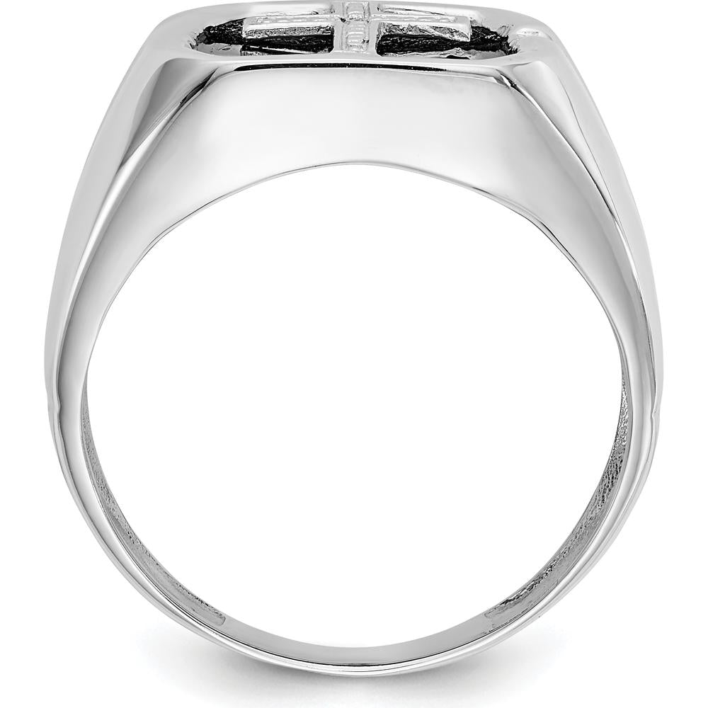 14K White Gold Men's Ring with Black Onyx Center and Diamond Cross Accent - 0.004 Carat Total Diamond Weight by Monteluci Fine Jewelry